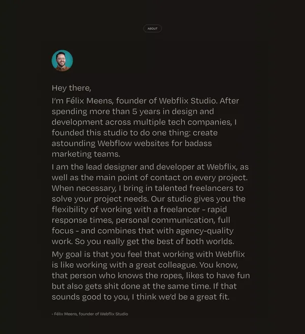 Webflix Studio | Supporting badass marketing teams with top-notch design and development. - Landing design inspiration