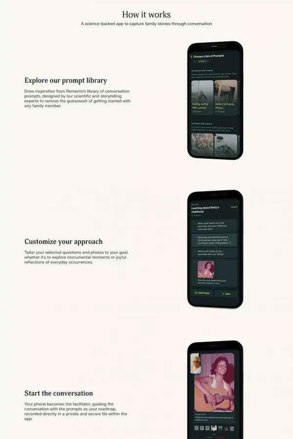 Remento: Capture family stories - Landing design inspiration