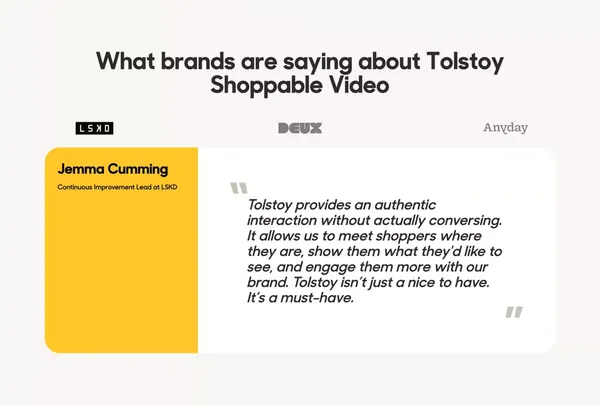 Add video commerce to your site with 1 click | Tolstoy - Landing design inspiration