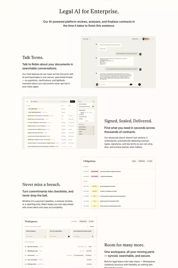 Robin | Legal AI | AI-Powered Contract Software - Landing design inspiration