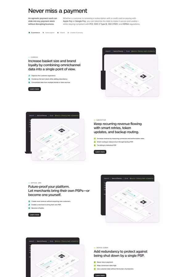 Basis Theory: Built to Keep Customers Transacting - Landing design inspiration