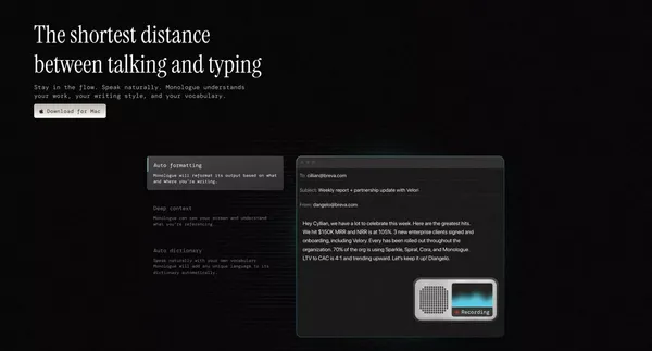 Monologue | Effortless voice dictation so you can work 3x faster - Landing design inspiration