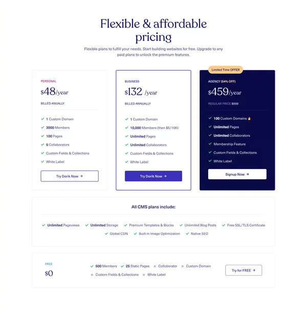 Simple, affordable, and flexible white-label CMS platform - Dorik - Landing design inspiration