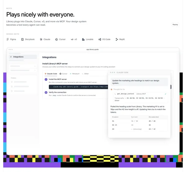 Library — Design systems & context for humans and agents - Landing design inspiration