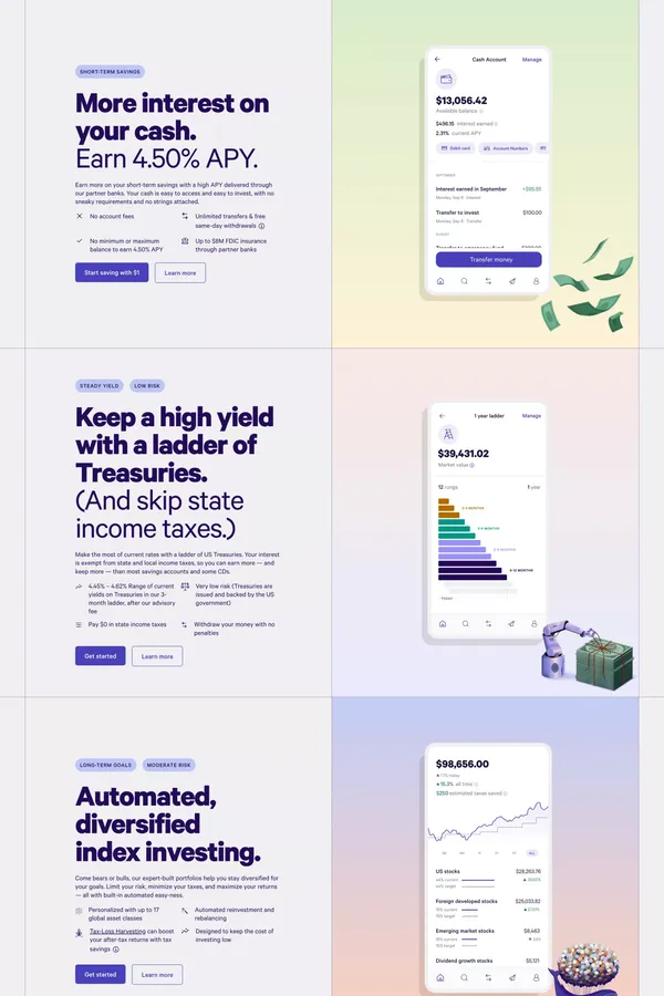 Give all your money a place to grow | Wealthfront - Landing design inspiration