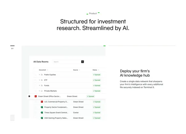 Terminal X - AI Agent Platform for Investment Managers - Landing design inspiration