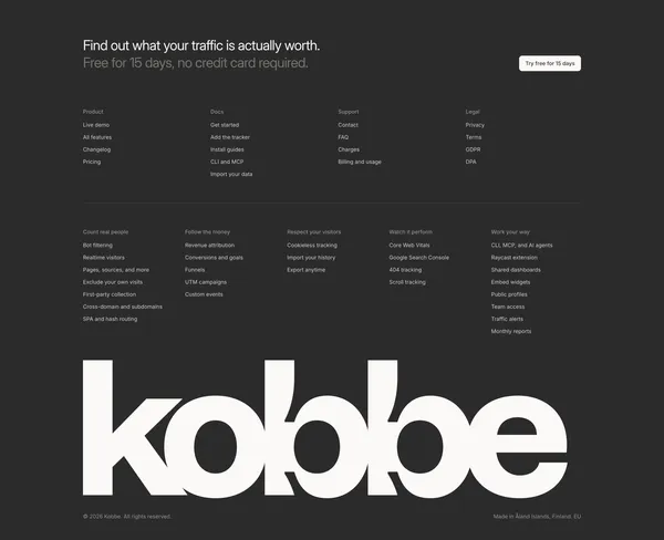 Kobbe: Web analytics that respect your visitors - Landing design inspiration