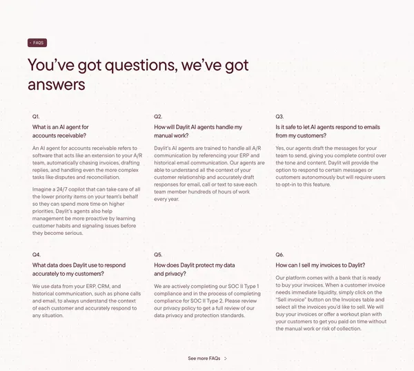 AI Agents for Account Receivables & Working Capital Solutions | Daylit - Landing design inspiration