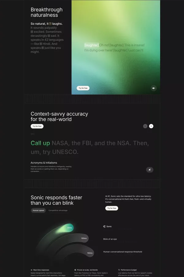 Real-time TTS API with AI laughter and emotion | Cartesia Sonic-3 - Landing design inspiration
