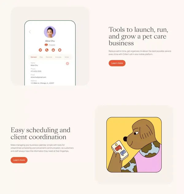 Critter - The best mobile software for pet care businesses - Landing design inspiration