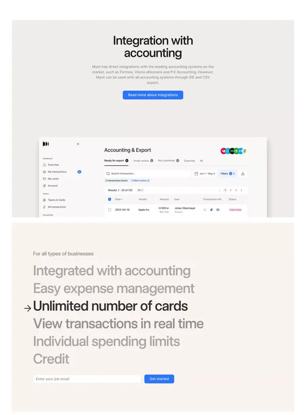More than just a card | The end-to-end solution for company spending Mynt - Landing design inspiration