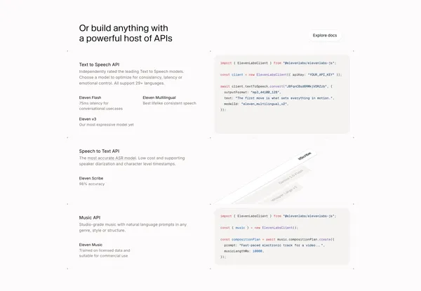 Free AI Voice Generator & Voice Agents Platform | ElevenLabs - Landing design inspiration