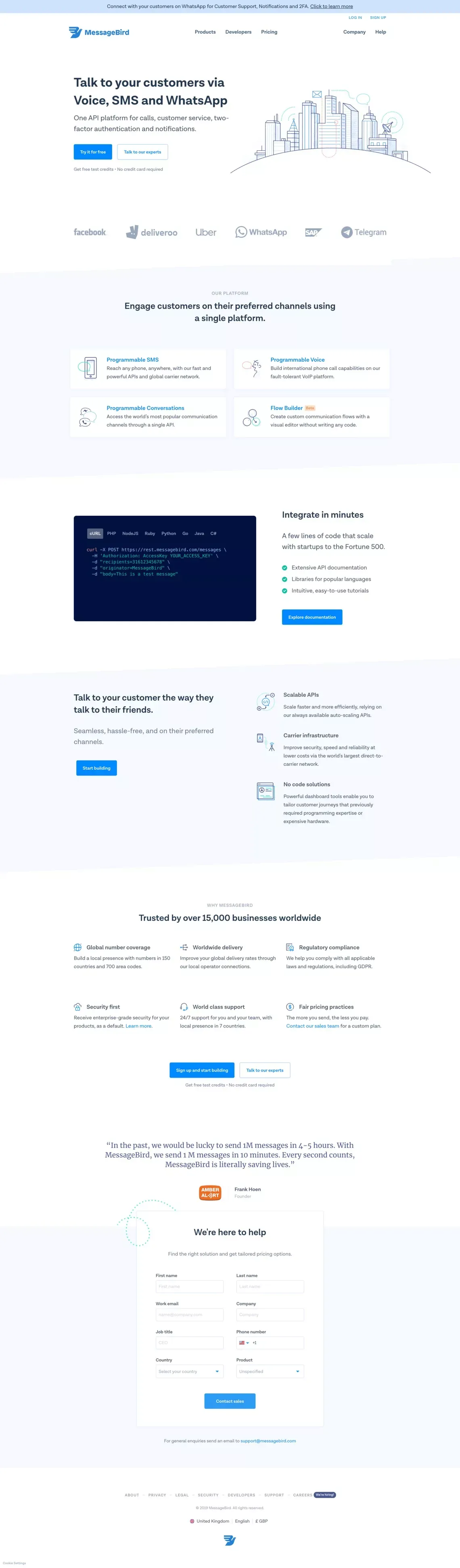 MessageBird | Reach 7 billion phones in seconds via SMS, Voice & WhatsApp - Landing design