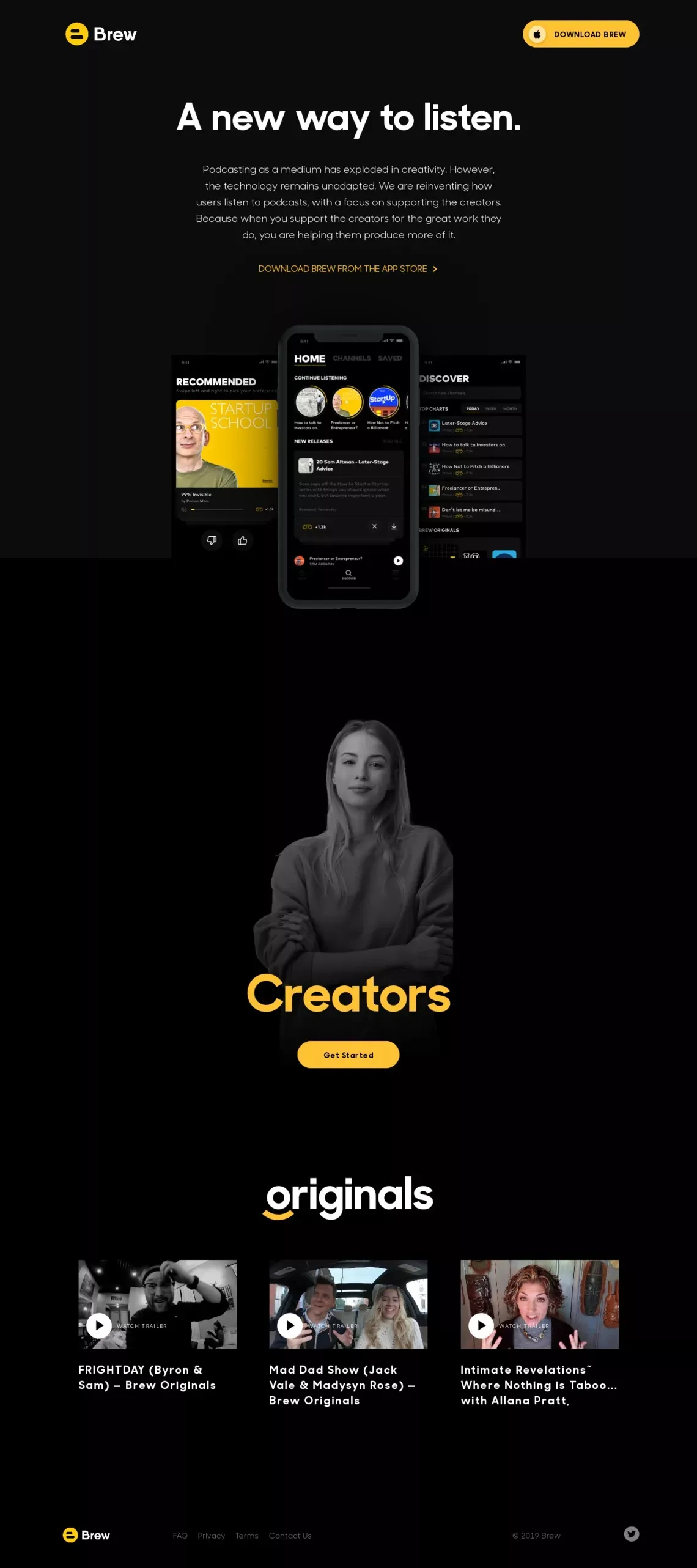 Brew Podcast App — Support the creators you listen to - Landing design