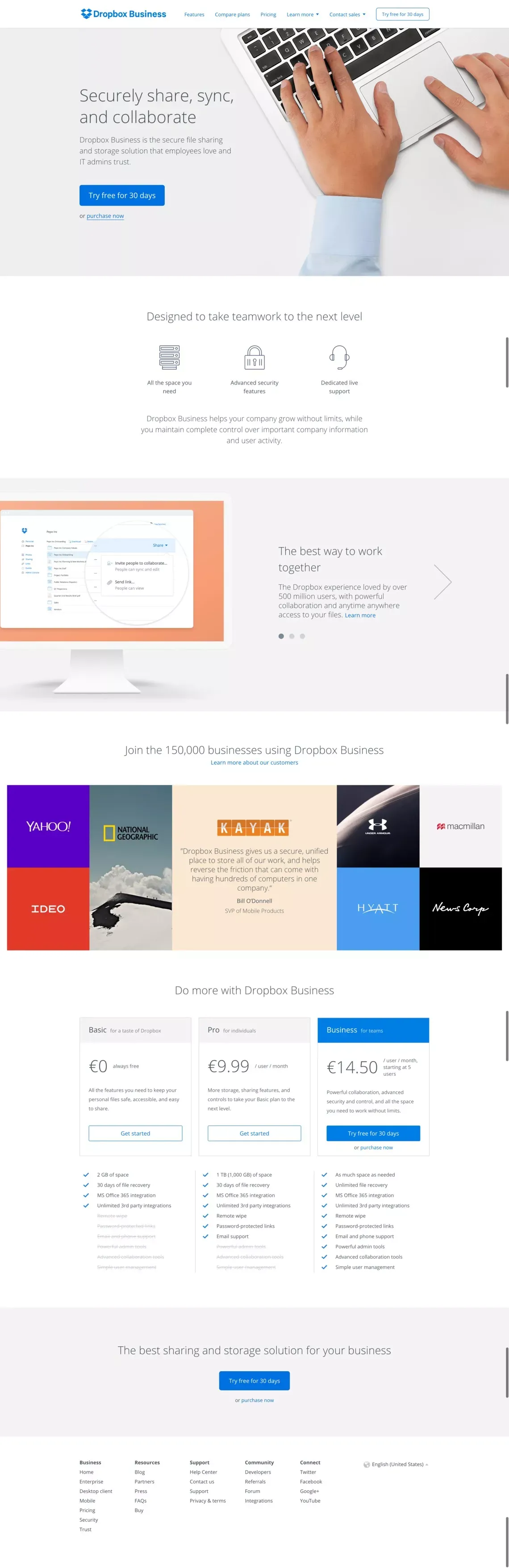 Dropbox Business | Secure file sharing and cloud storage - Landing design