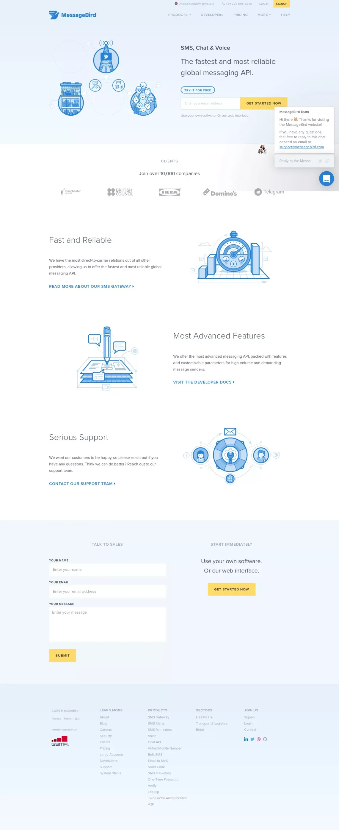 SMS, Chat & Voice - MessageBird - Landing design