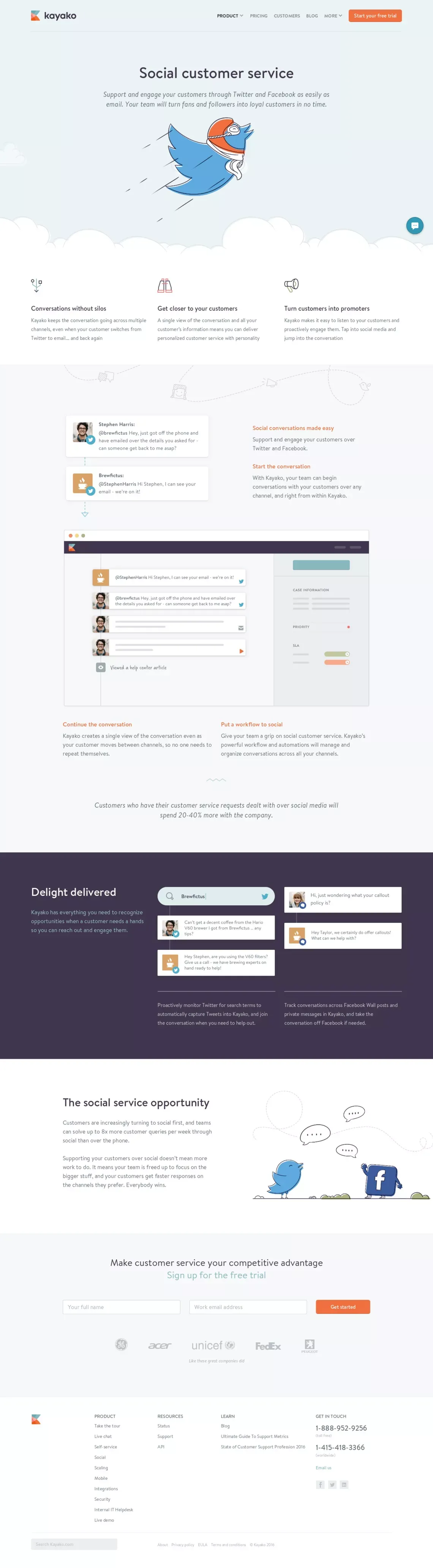 Social Customer Service | Kayako - Landing design