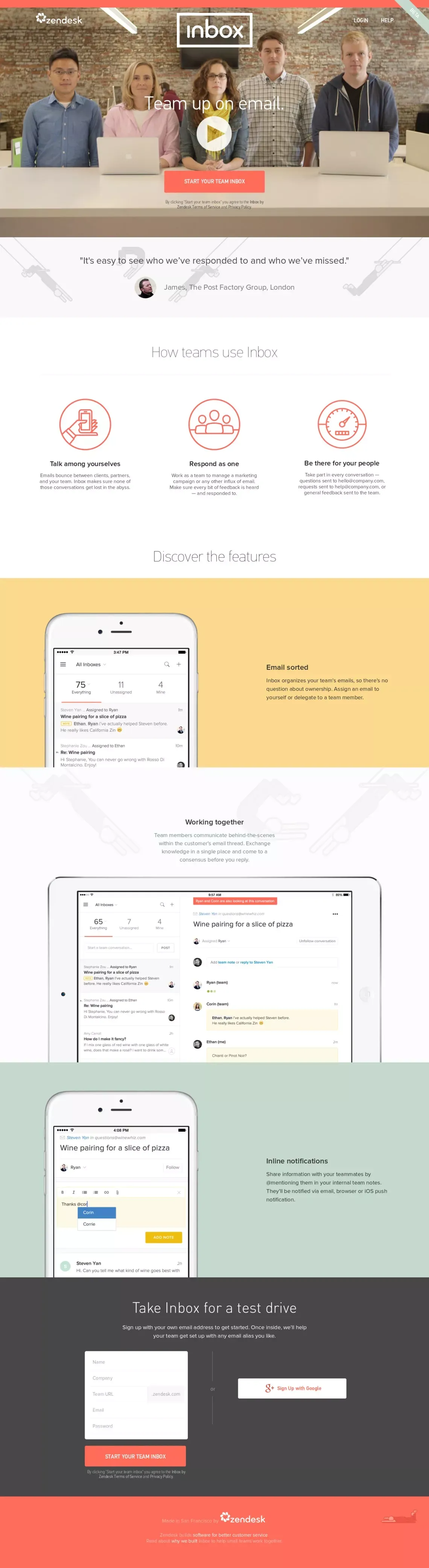 Inbox by Zendesk – The Free Collaborative Email for Teams - Landing design