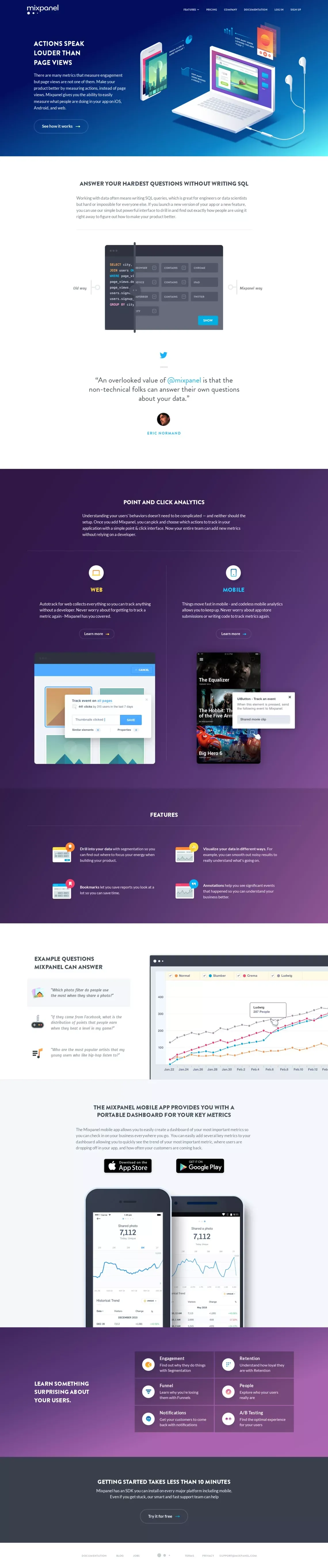 Engagement - Mixpanel | Mobile Analytics - Landing design
