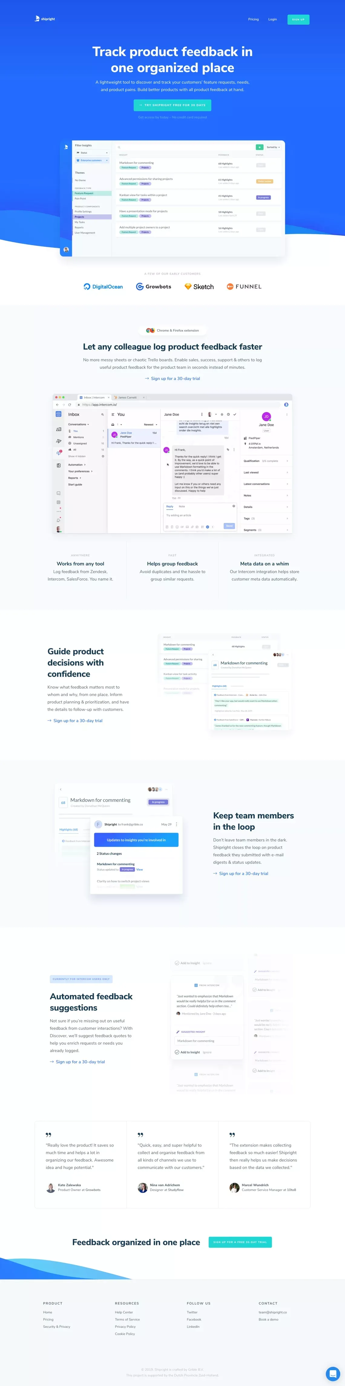 Shipright – Track product feedback in one organized place - Landing design