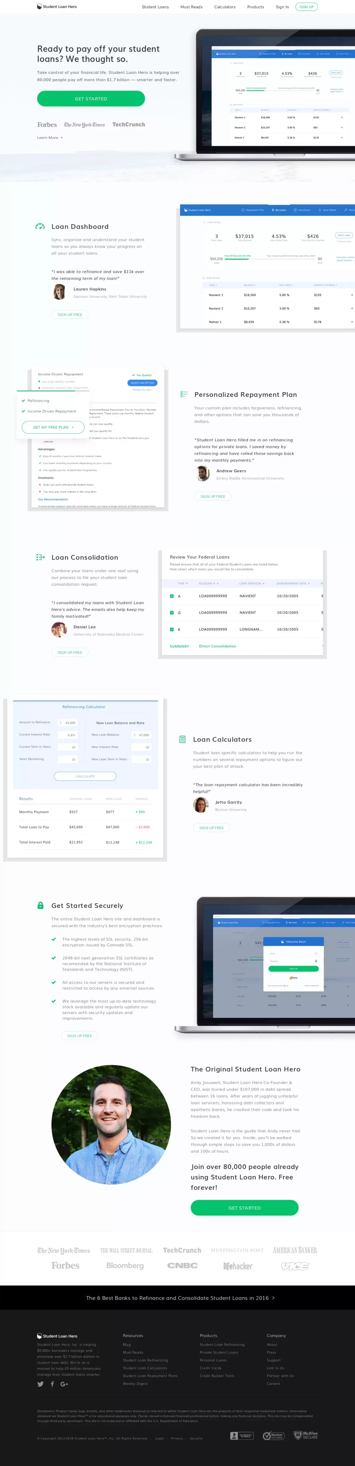 Student Loan Hero | Calculators and Tools to Pay Off Student Loans - Landing design