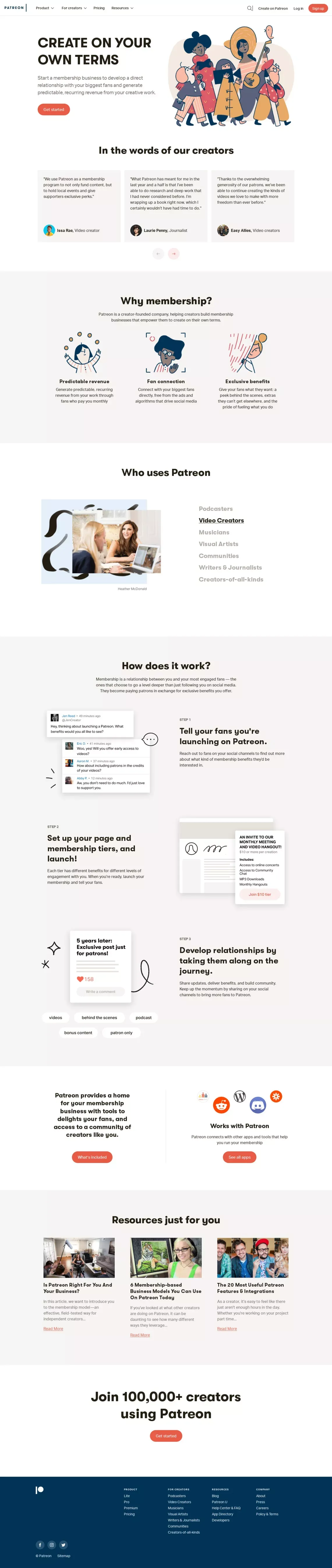 Best way for artists and creators to get sustainable income and connect with fans | Patreon - Landing design
