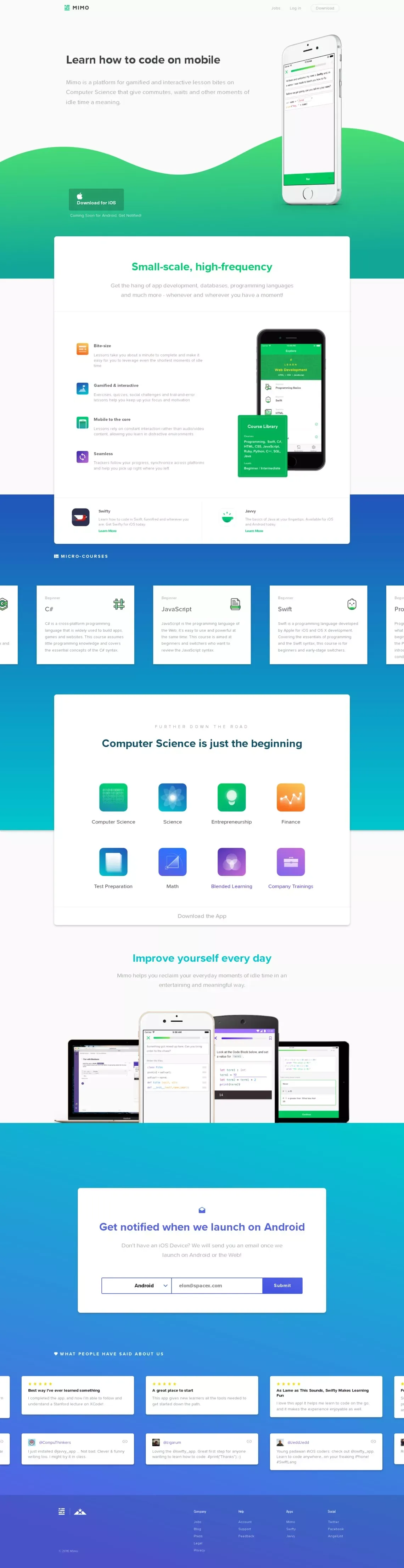 Mimo - Learn how to code on your phone - Landing design