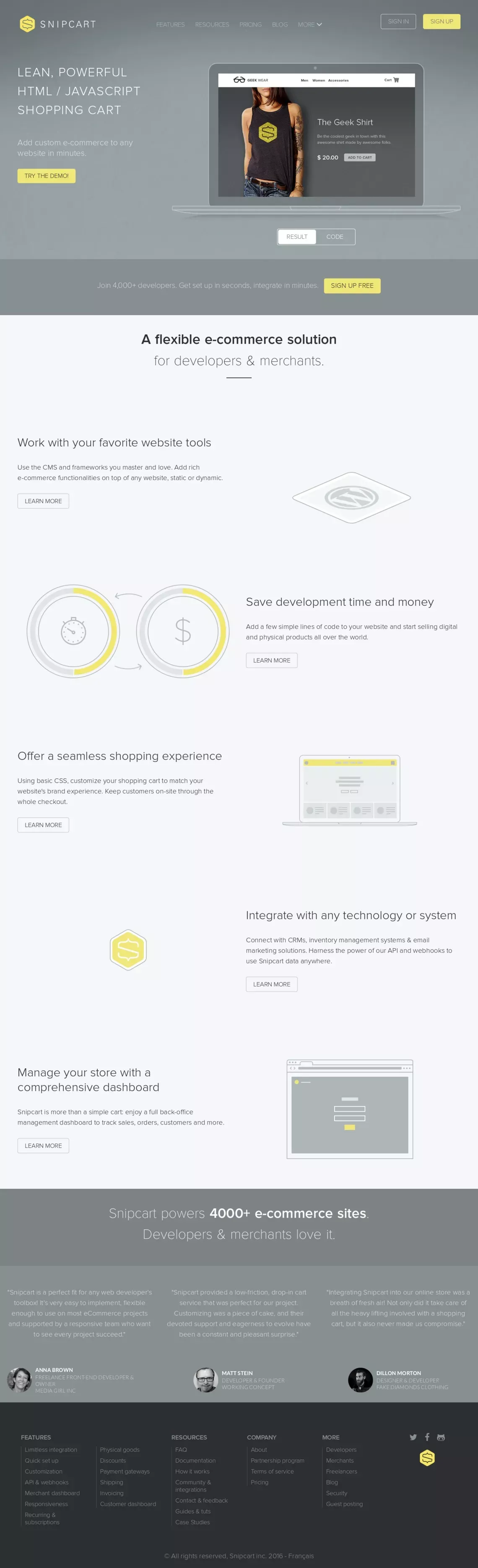 Snipcart - Effortless Shopping Cart for Any Website - Landing design