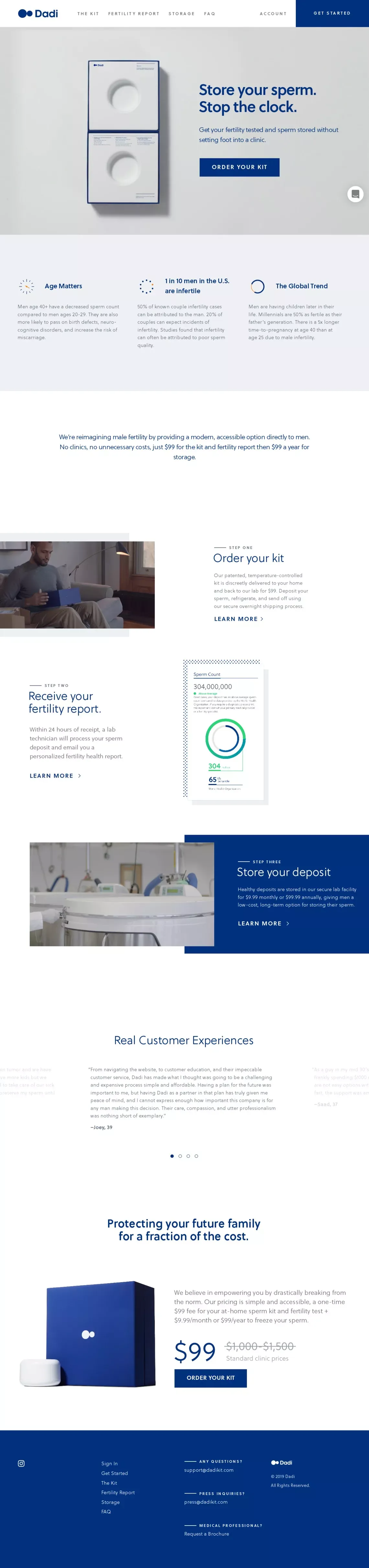 Dadi | The sperm storage, at-home male fertility kit $99 - Landing design