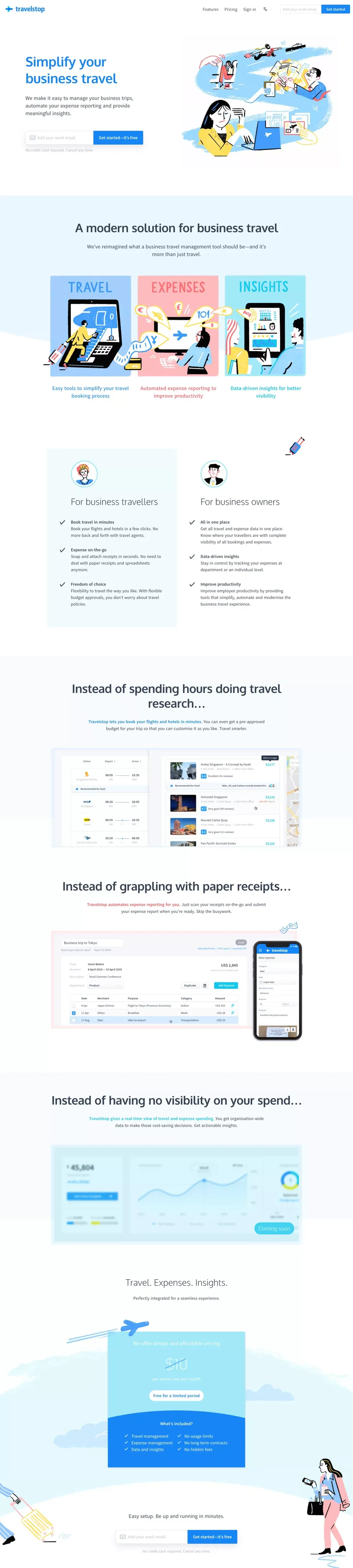 Business travel, expense reporting, and insights | Travelstop - Landing design