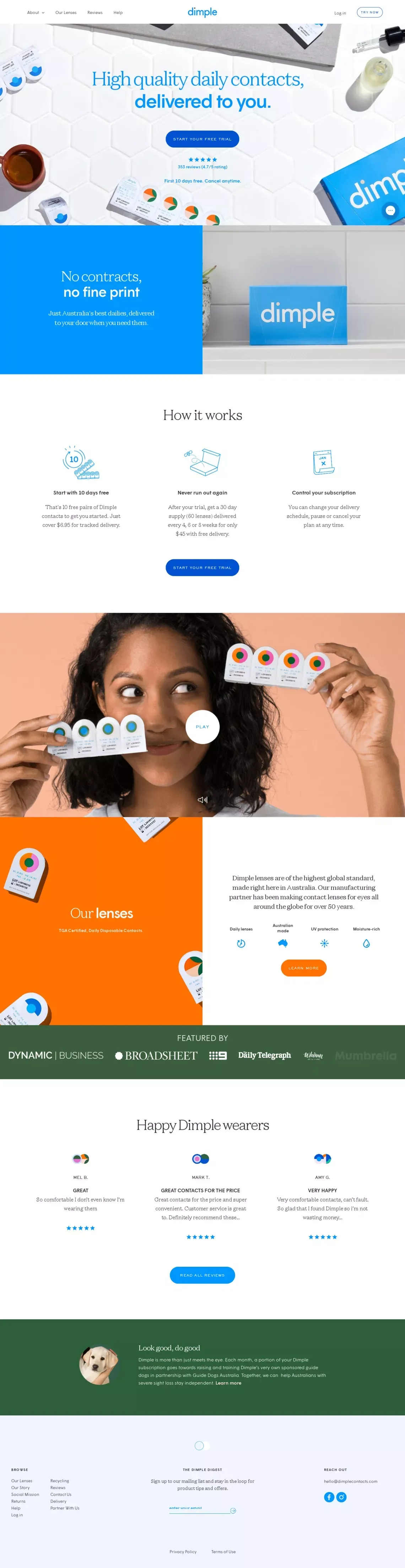 Dimple™ | Affordable Daily Contact Lenses on Subscription - Landing design