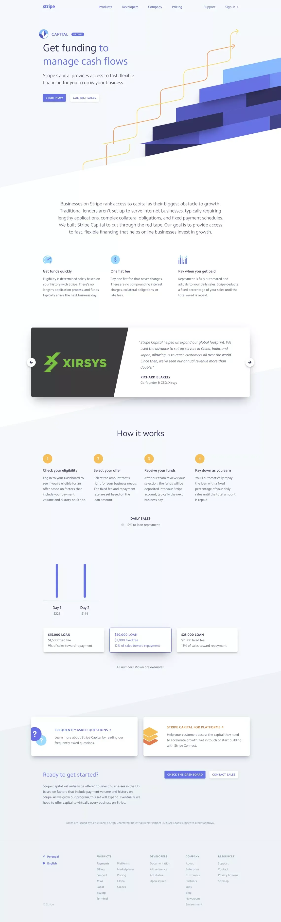 Stripe Capital: Flexible financing in as little as one day - Landing design
