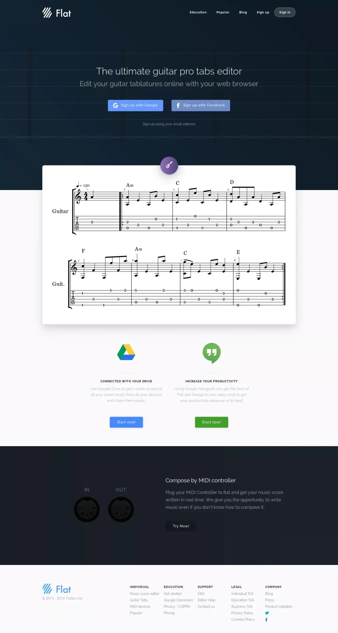 Flat - The online ultimate guitar pro tabs editor - Landing design