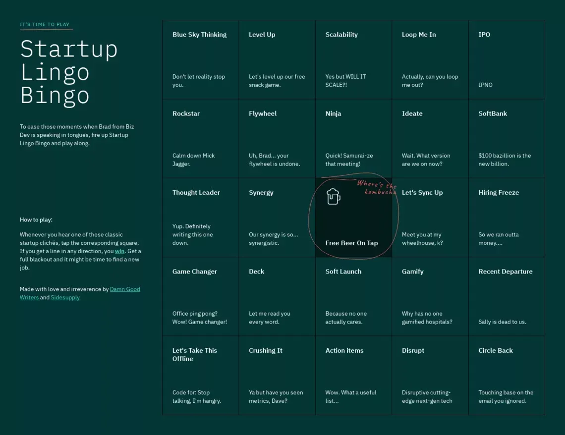 Startup Lingo Bingo - website design