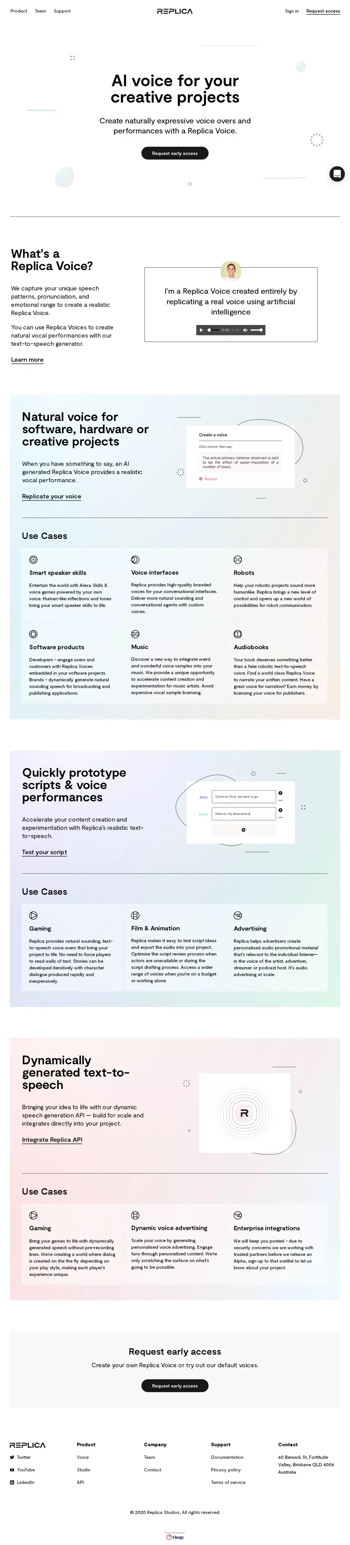 Synthesize Voice AI and Natural Sounding Text-to-Speech — Replica - Landing design