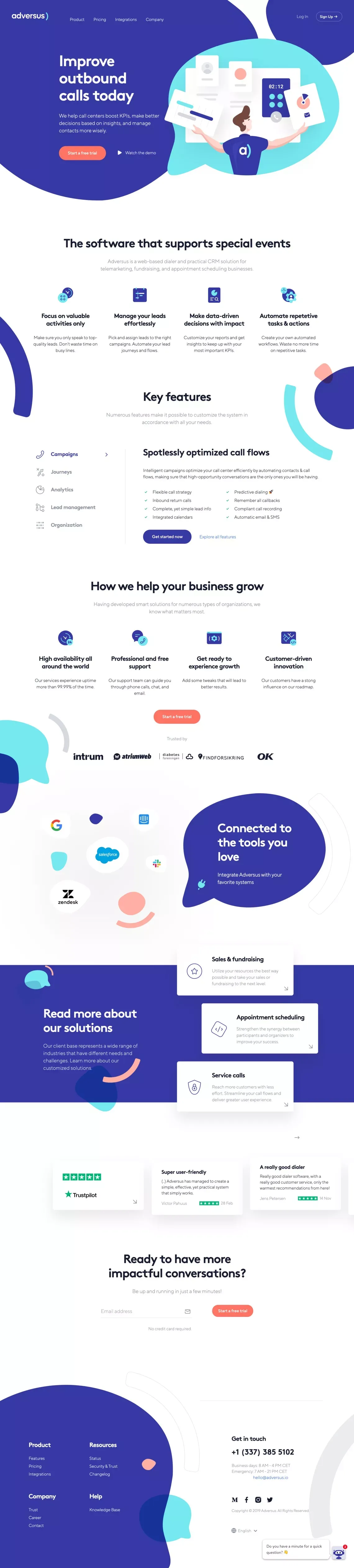 Improves Outbound Call Centers | Adversus - Landing design