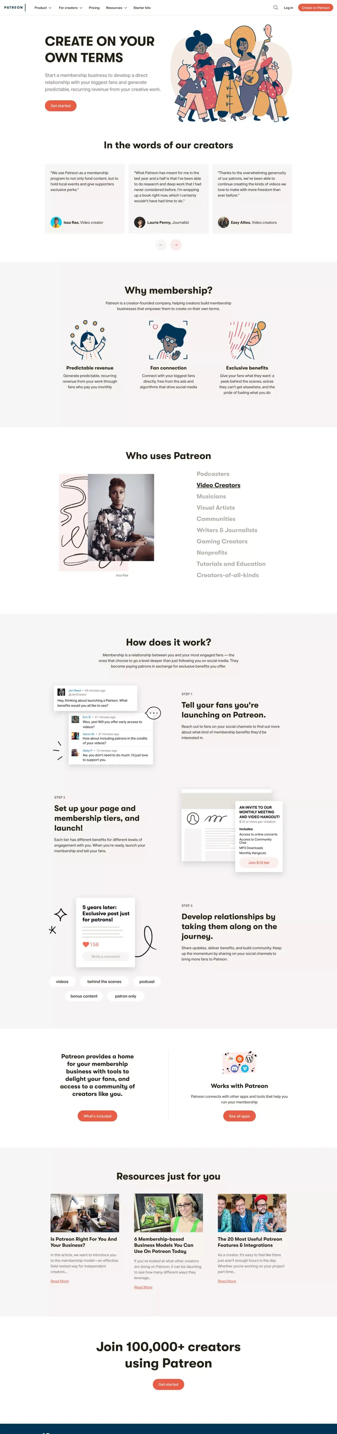 Best way for artists and creators to get sustainable income and connect with fans | Patreon - Landing design