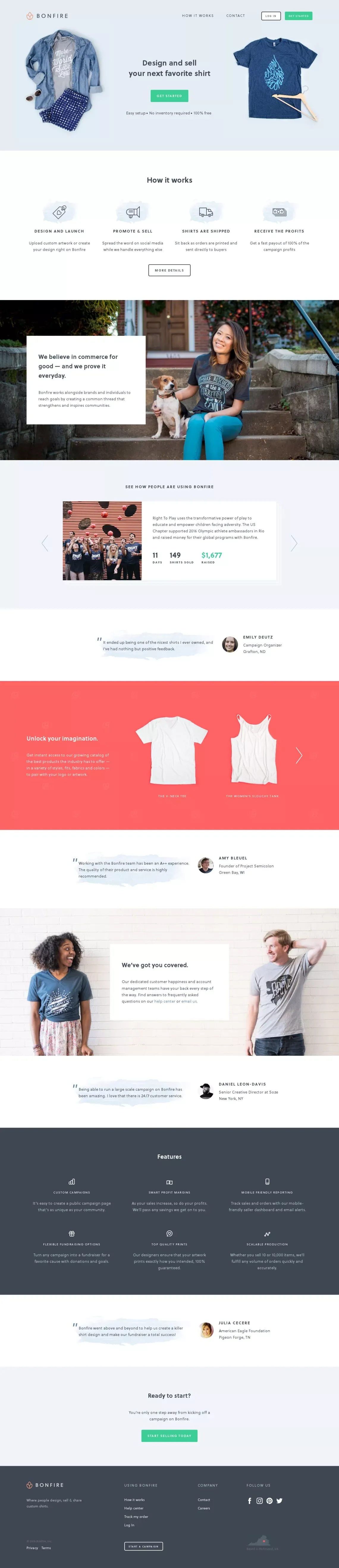 Bonfire - Design & Sell Custom Shirts Online - Landing design