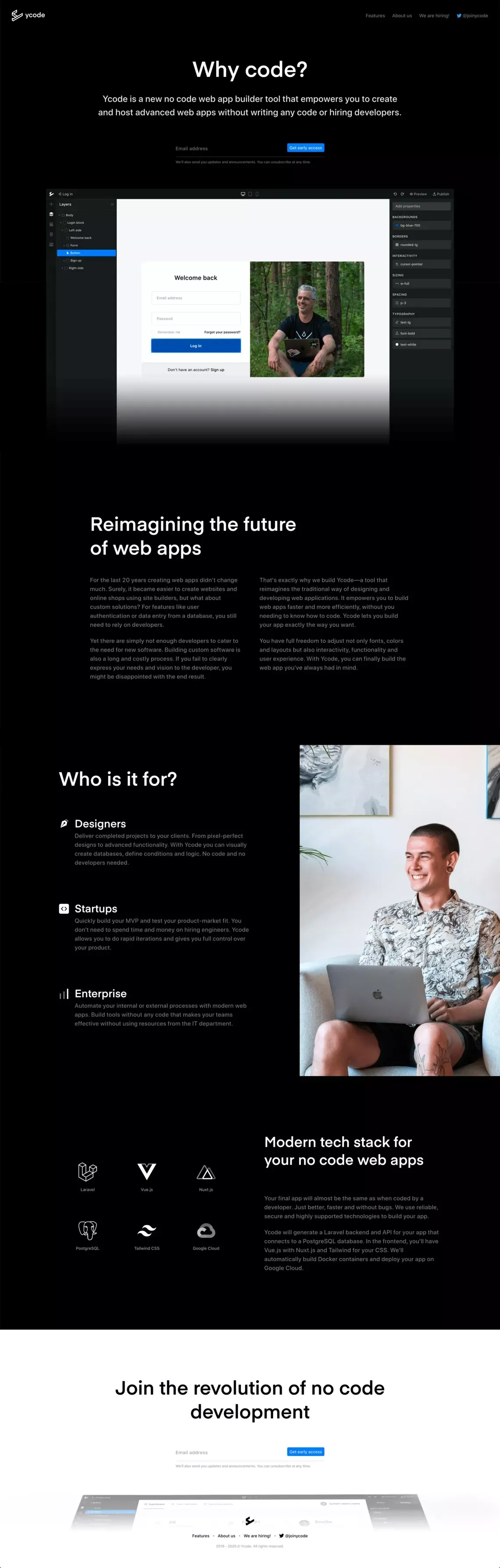 Visual programming tool to build and host advanced web apps - Ycode - Landing design
