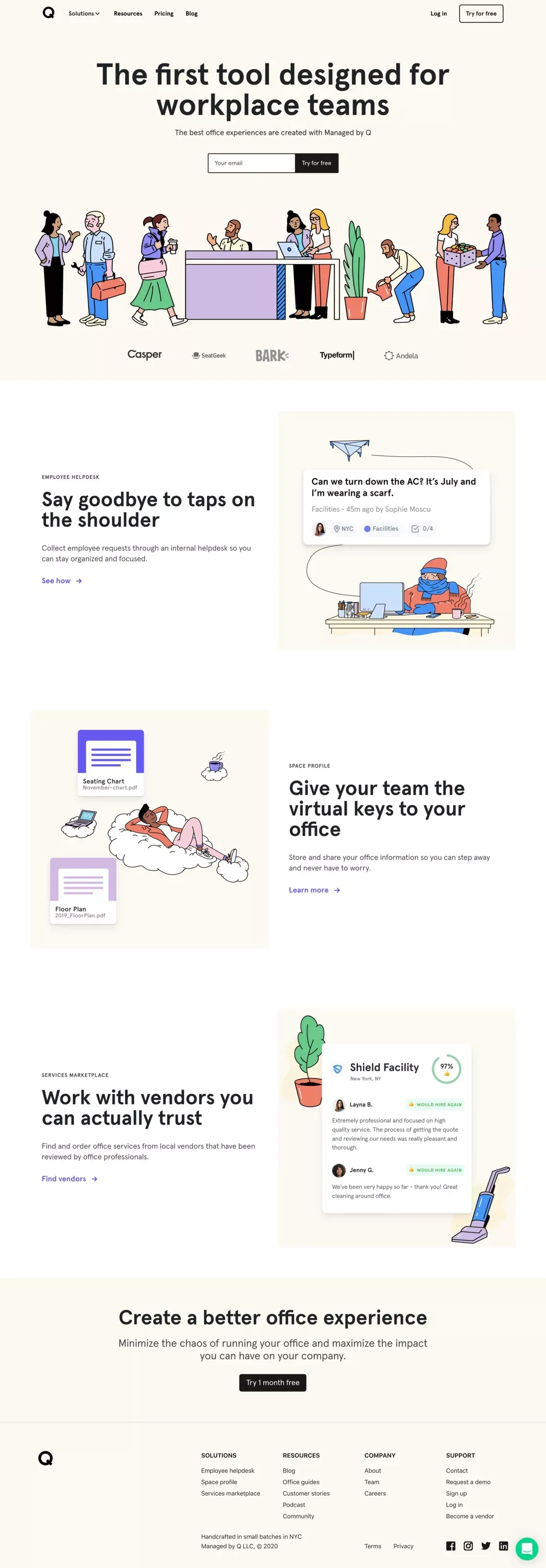 Managed by Q | The first tool designed for workplace teams - Landing design