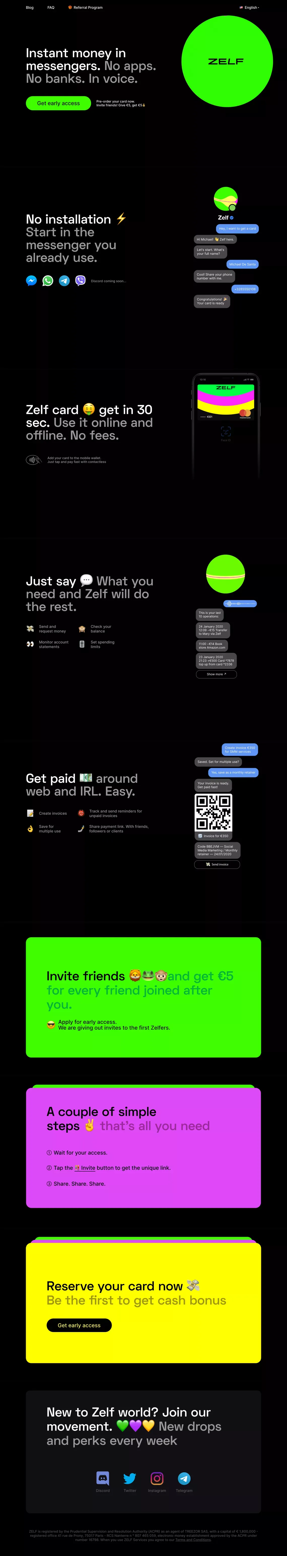 Zelf – Instant Money in Messengers - Landing design