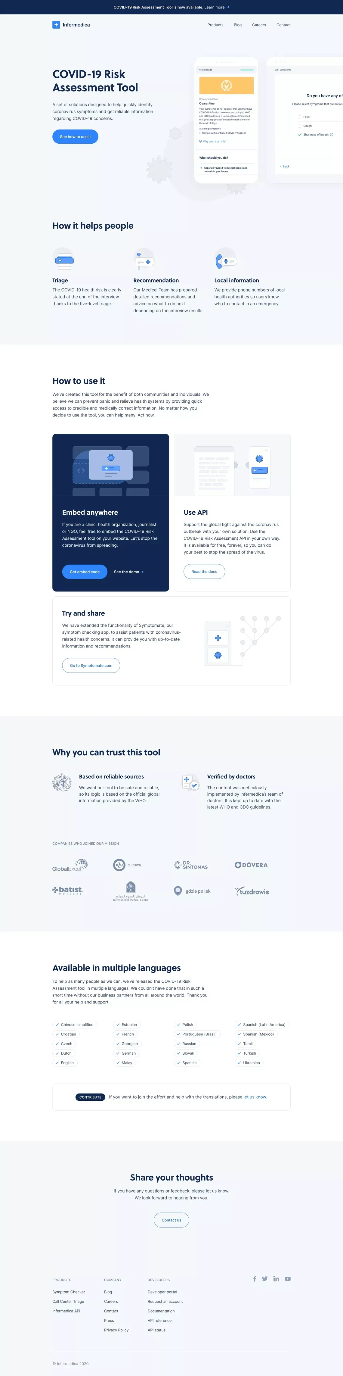 COVID-19 Risk Assessment tool – Infermedica - Landing design