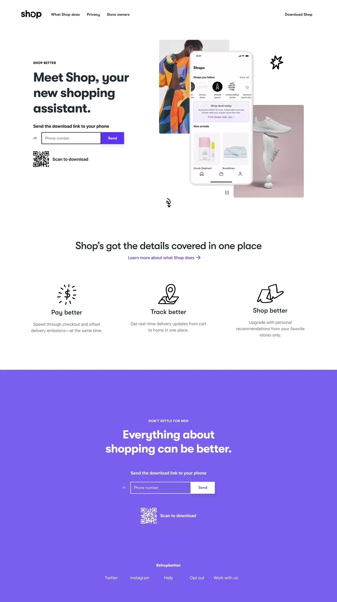 Shop is a new online shopping assistant that makes every part of your experience better. - Landing design