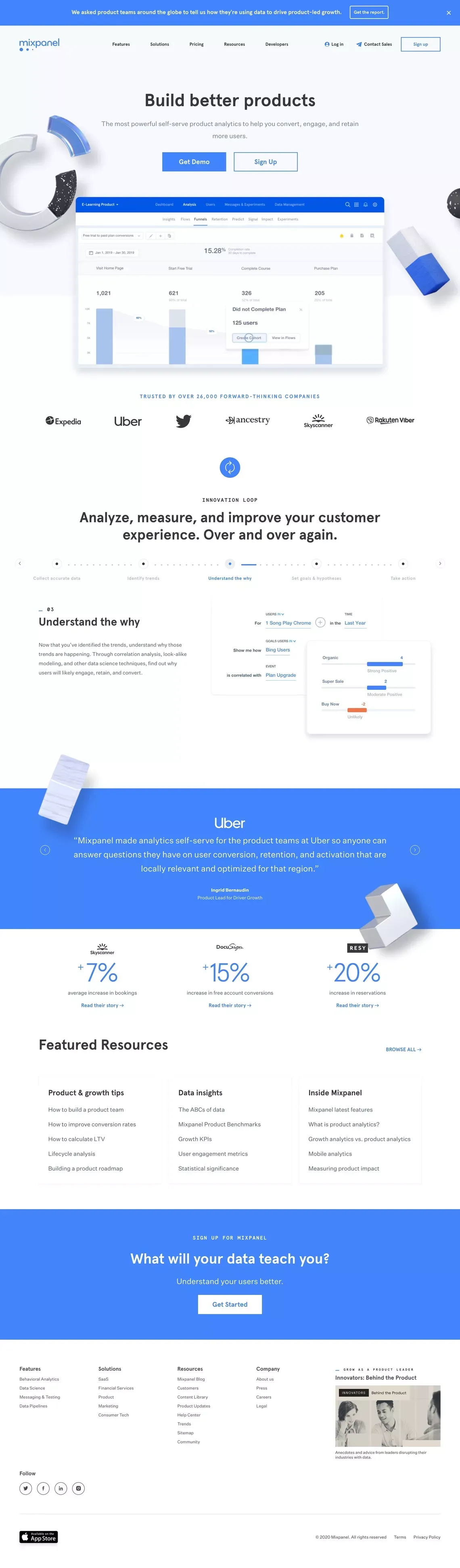 Product and User Behavioral Analytics for Mobile, Web, & More | Mixpanel - Landing design