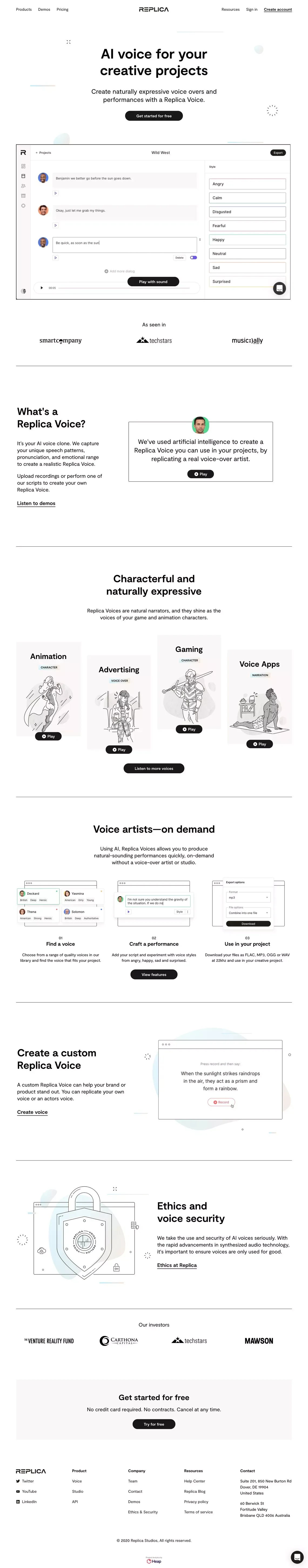 Synthesize Voice AI and Natural Sounding Text-to-Speech — Replica - Landing design