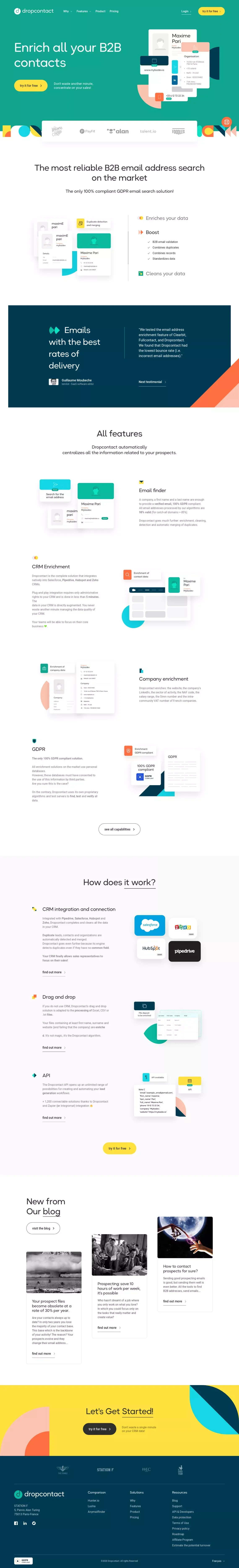 Dropcontact: correcting, enriching CRM & B2B contact files - Landing design