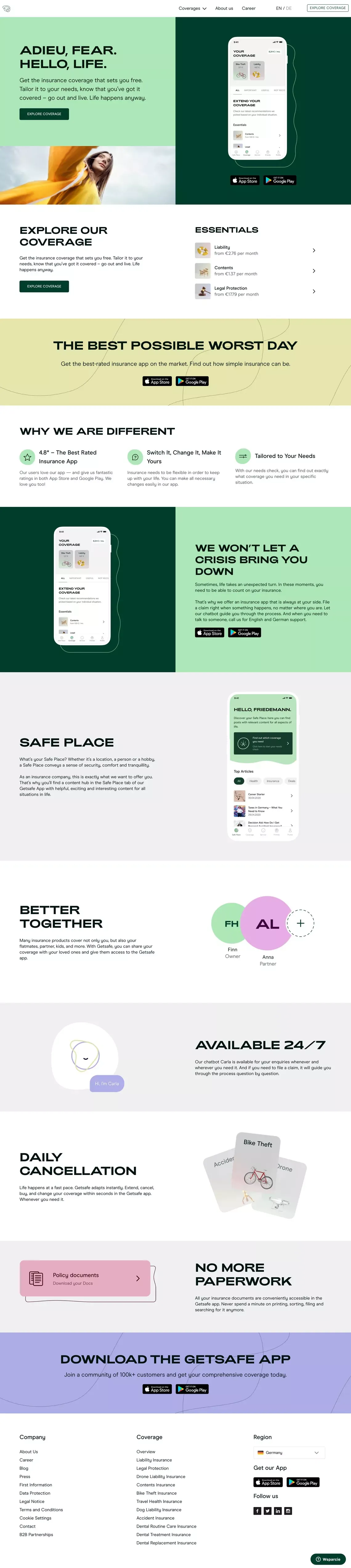 Getsafe | Adieu, Fear. Hello, Life. | Download Our App! - Landing design