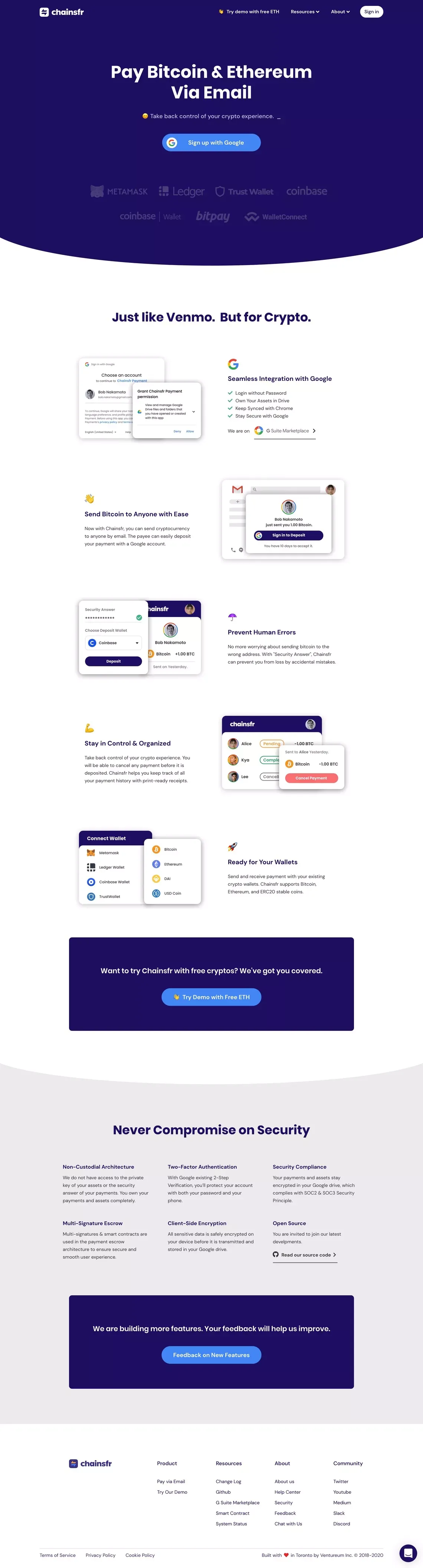 Chainsfr - Pay Bitcoin, Ethereum With Email - Landing design