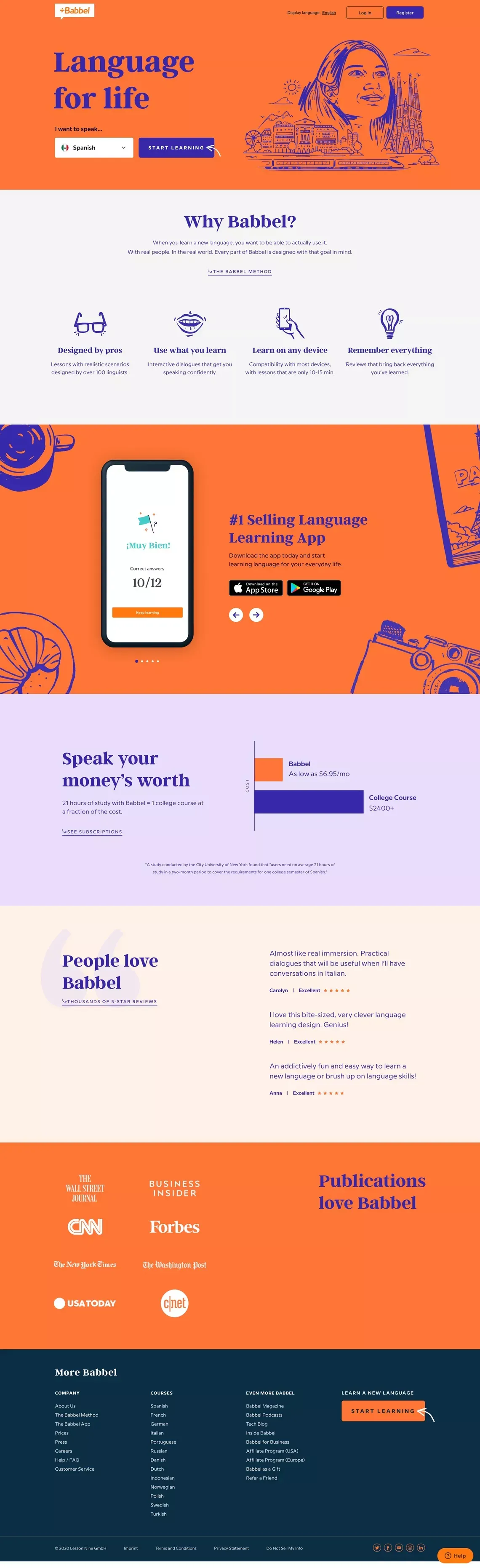 Learn Spanish, French and Other Languages Online | Babbel - Landing design