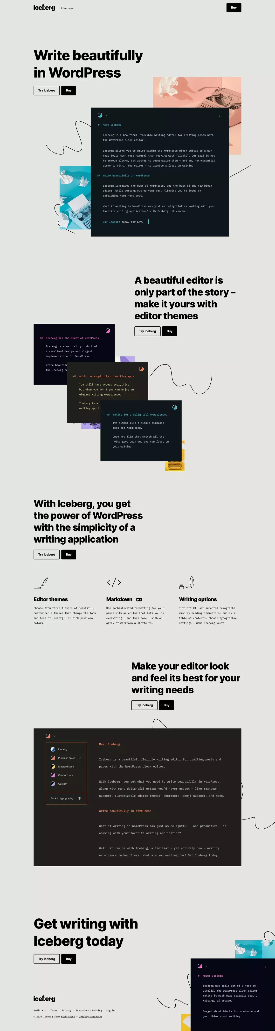 Iceberg – Iceberg is a beautiful, flexible writing editor for crafting posts and pages with the WordPress block editor - Landing design